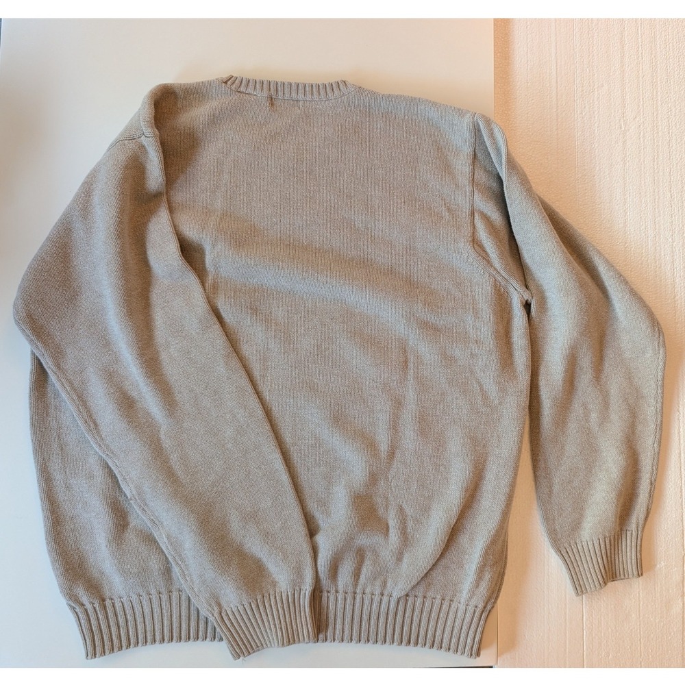 IZOD Mens Large Tan Cotton Diamond Textured Knit Crewneck Sweater Logo Beige - Picture 2 of 6